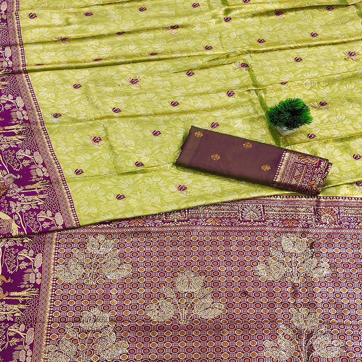 Parrot Green Silk Blend Saree Featuring Elegant Floral Weaving Work & A Graceful Tassel Pallu