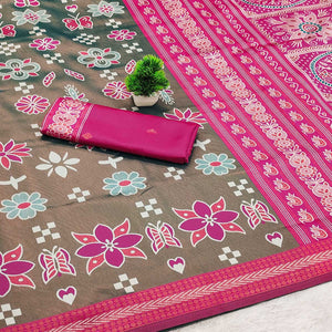 Grey Traditional Kanjivaram Silk Saree Featuring Elegant Floral Weaves