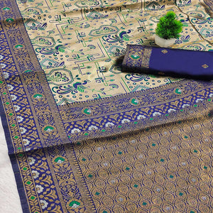 Beige & Blue Handloom Kanjivaram Silk Saree Featuring Kalamkari-Style Floral Weaves