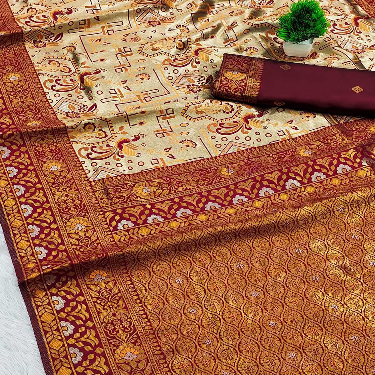 Beige & Maroon Handloom Kanjivaram Silk Saree Featuring Kalamkari-Style Floral Weaves