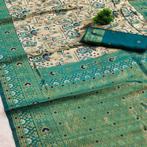 Beige & Rama Green Handloom Kanjivaram Silk Saree Featuring Kalamkari-Style Floral Weaves