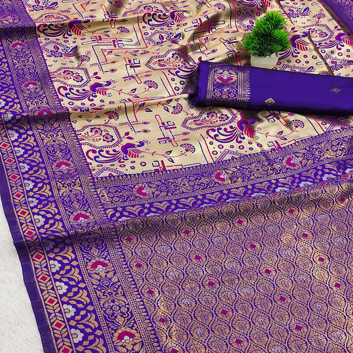 Beige & Violet Handloom Kanjivaram Silk Saree Featuring Kalamkari-Style Floral Weaves