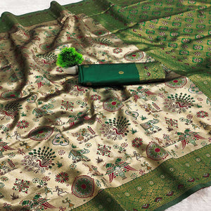 Beige & Green Pure Kanjivaram Silk Saree Adorned with Meenakari Floral Weaving