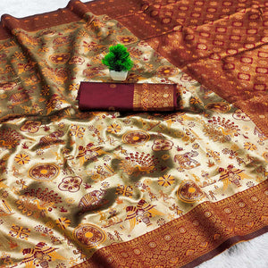 Beige & Maroon Pure Kanjivaram Silk Saree Adorned with Meenakari Floral Weaving