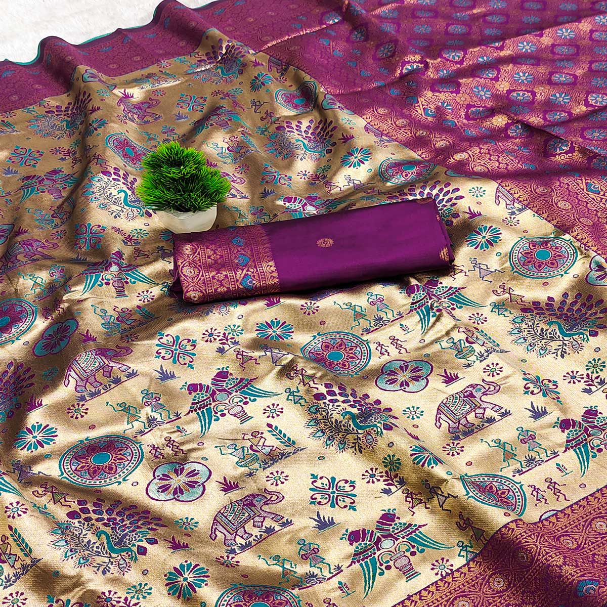 Beige & Purple Pure Kanjivaram Silk Saree Adorned with Meenakari Floral Weaving