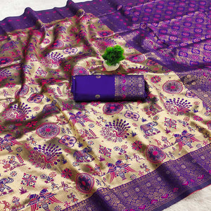 Beige & Violet Pure Kanjivaram Silk Saree Adorned with Meenakari Floral Weaving