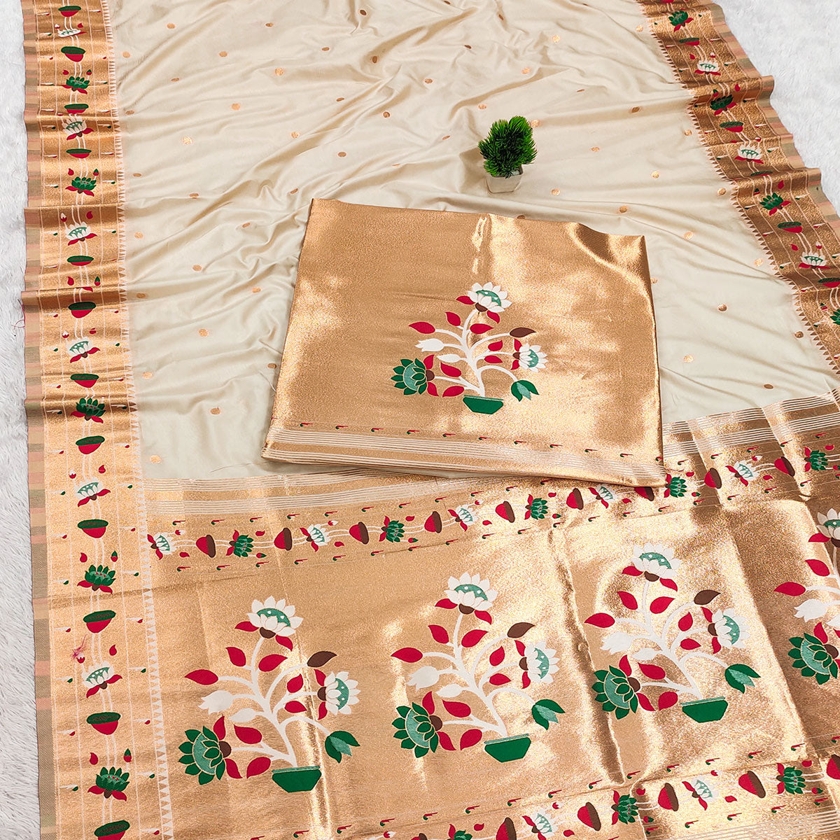 Cream Paithani Inspired Lotus Woven Kanjivaram Bridal Silk Saree