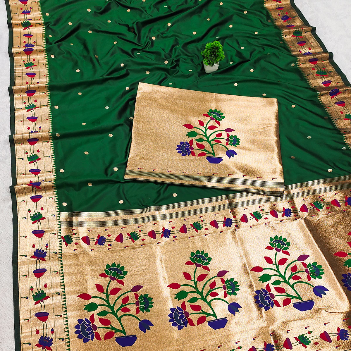 Green Paithani Inspired Lotus Woven Kanjivaram Bridal Silk Saree