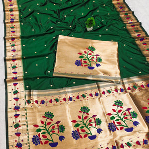 Green Paithani Inspired Lotus Woven Kanjivaram Bridal Silk Saree