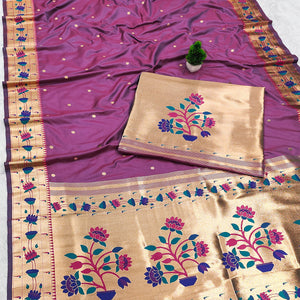Purple Paithani Inspired Lotus Woven Kanjivaram Bridal Silk Saree