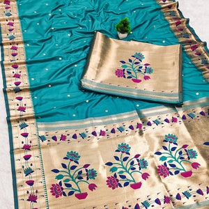 Rama Blue Paithani Inspired Lotus Woven Kanjivaram Bridal Silk Saree