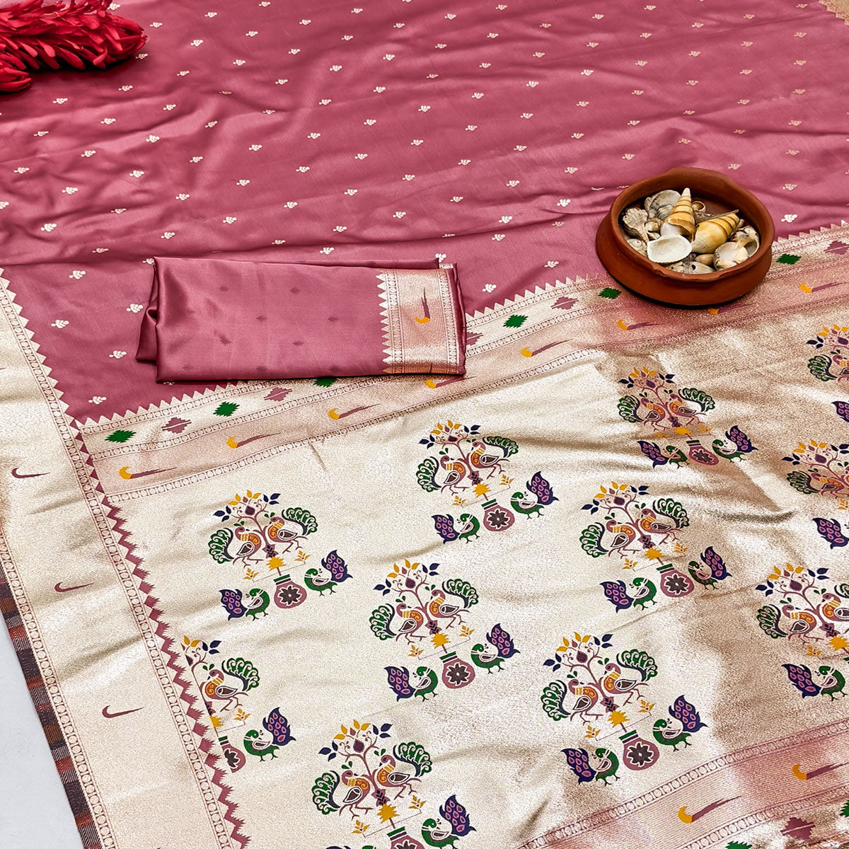 Pink Timeless Paithani Satin Silk Saree Featuring Luxurious Zari Weaving
