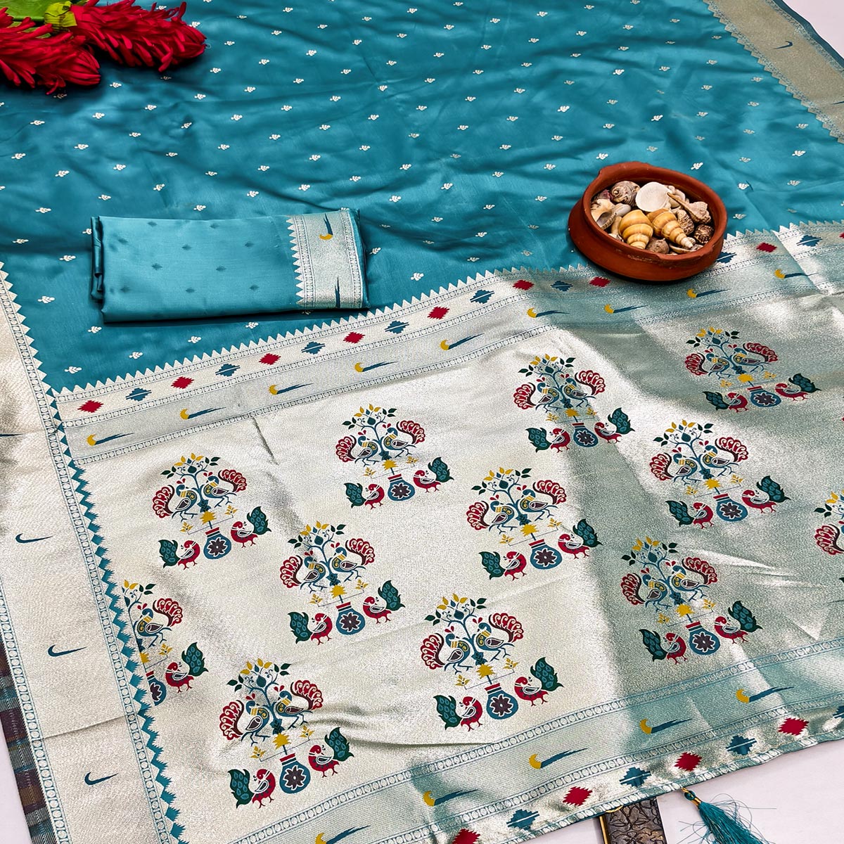 Rama Blue Timeless Paithani Satin Silk Saree Featuring Luxurious Zari Weaving