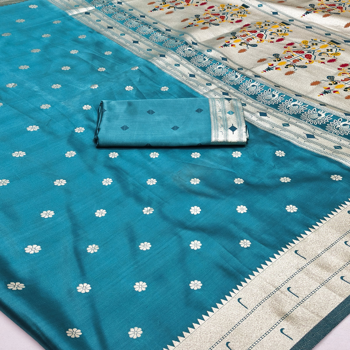 Rama Blue Classic Paithani Satin Silk Saree Accented with Rich Zari Work