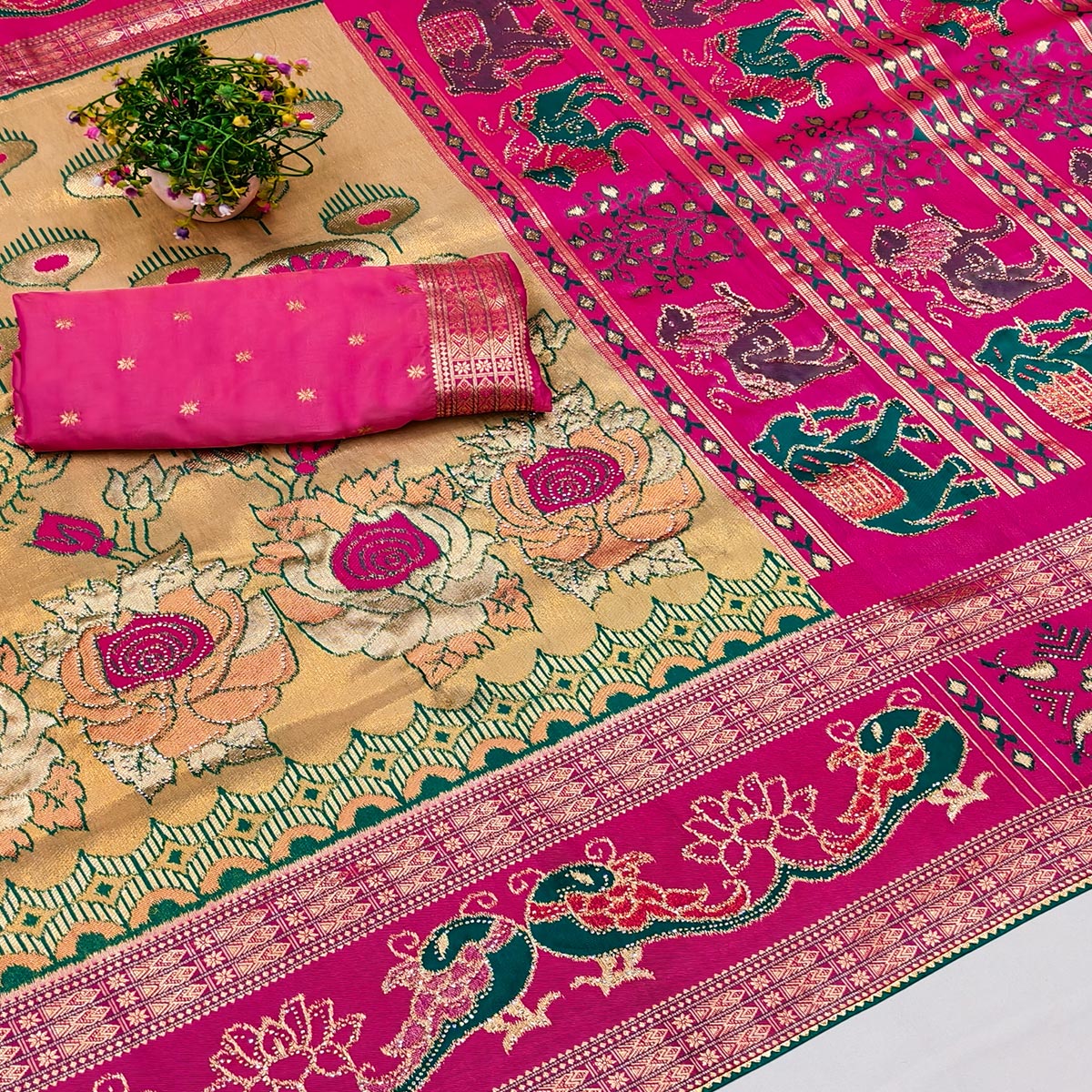 Beige Premium Cotton Silk Saree with Beautiful Swarovski Work and Classic Woven Texture