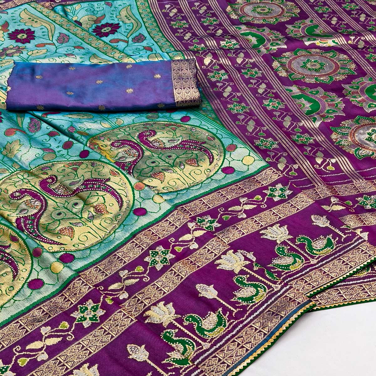 Rama Blue Cotton Silk Saree Adorned with Elegant Swarovski Work and Fine Woven Detailing