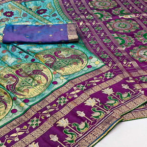 Rama Blue Cotton Silk Saree Adorned with Elegant Swarovski Work and Fine Woven Detailing
