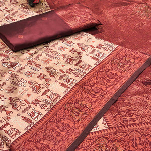 Cream & Maroon Tissue Silk Saree Featuring Intricate Weaving with Sparkling Swarovski Embellishments
