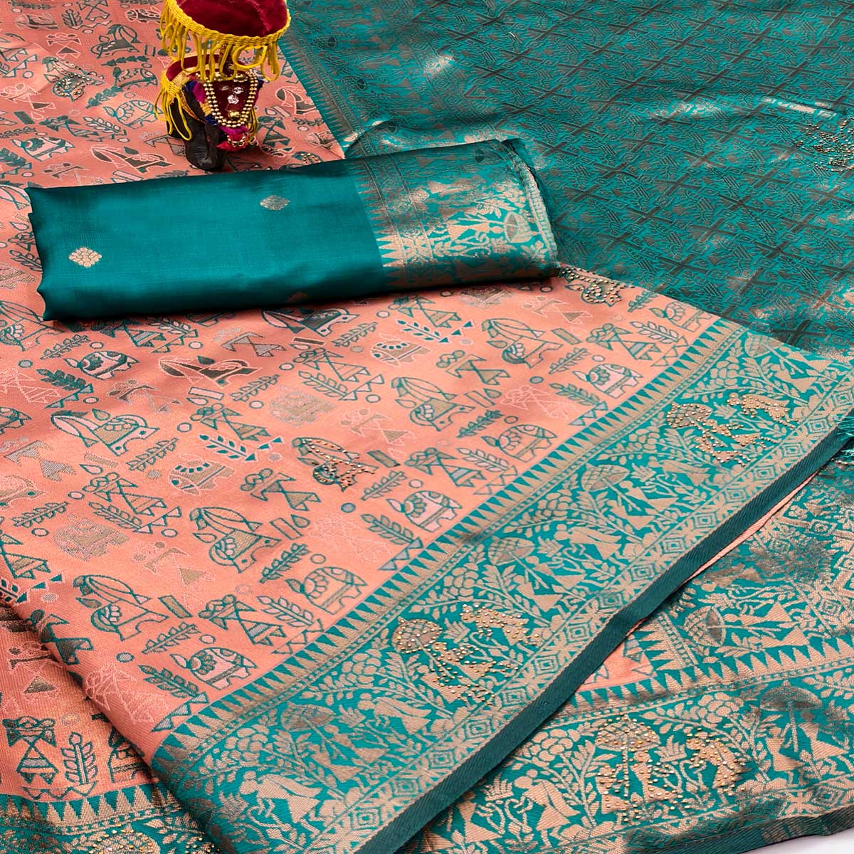 Peach & Teal Tissue Silk Saree Featuring Intricate Weaving with Sparkling Swarovski Embellishments
