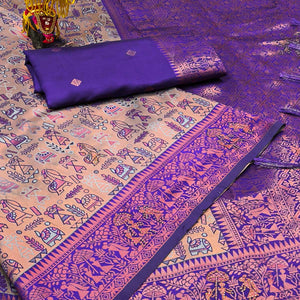 Beige & Violet Tissue Silk Saree Featuring Intricate Weaving with Sparkling Swarovski Embellishments