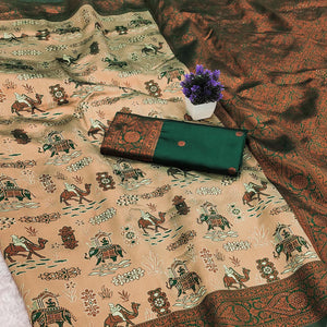 Beige & Bottle Green Tissue Silk Saree Highlighted with Artistic Weaving & Swarovski Sparkle