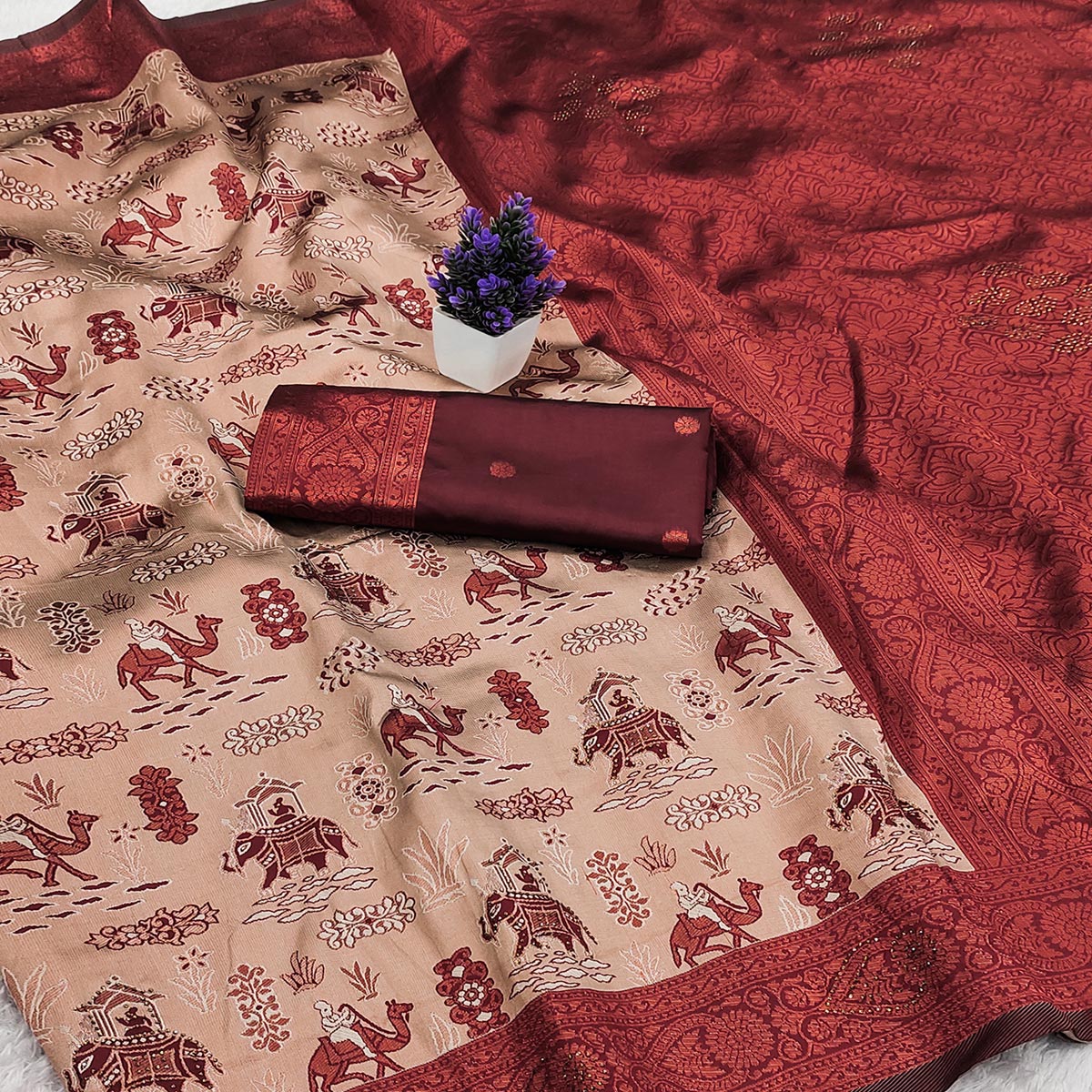 Cream & Maroon Lightweight Tissue Silk Saree Highlighted with Artistic Weaving & Swarovski Sparkle