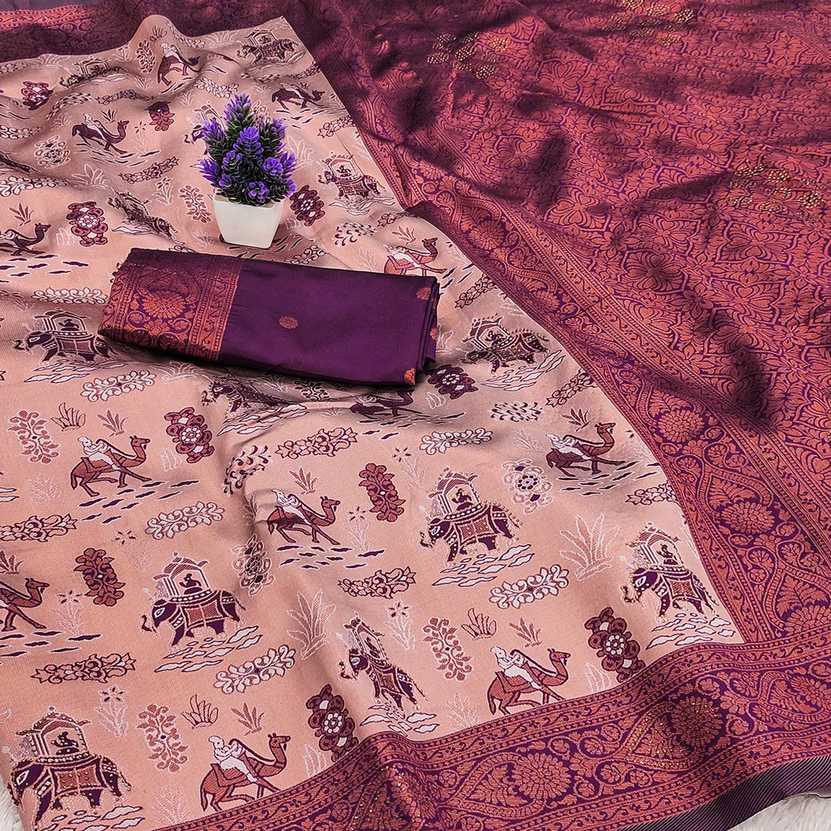 Peach & Purple Lightweight Tissue Silk Saree Highlighted with Artistic Weaving & Swarovski Sparkle