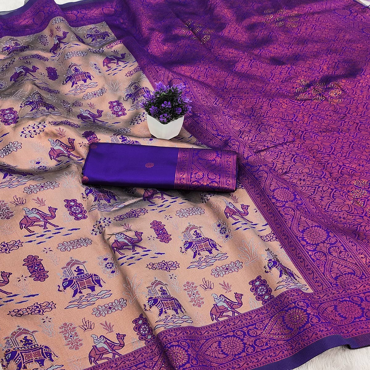 Beige & Violet Lightweight Tissue Silk Saree Highlighted with Artistic Weaving & Swarovski Sparkle