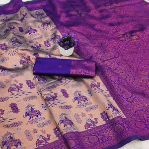Beige & Violet Lightweight Tissue Silk Saree Highlighted with Artistic Weaving & Swarovski Sparkle