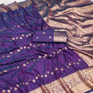 Violet Zari-Woven Cotton Silk Saree Featuring a Graceful Drape and Delicate Tassel Detailing