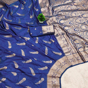 Blue Traditional Cotton Silk Saree Enhanced with Fine Zari Work and Decorative Tassel Edges