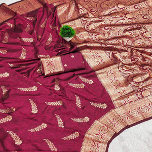 Wine Traditional Cotton Silk Saree Enhanced with Fine Zari Work and Decorative Tassel Edges