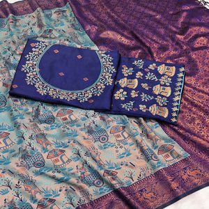 Greyish Blue & Royal Blue Tissue Silk Saree Adorned with Intricate Zari Weaving for a Festive Look