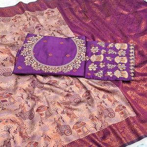 Beige & Purple Tissue Silk Saree Adorned with Intricate Zari Weaving for a Rich Festive Look
