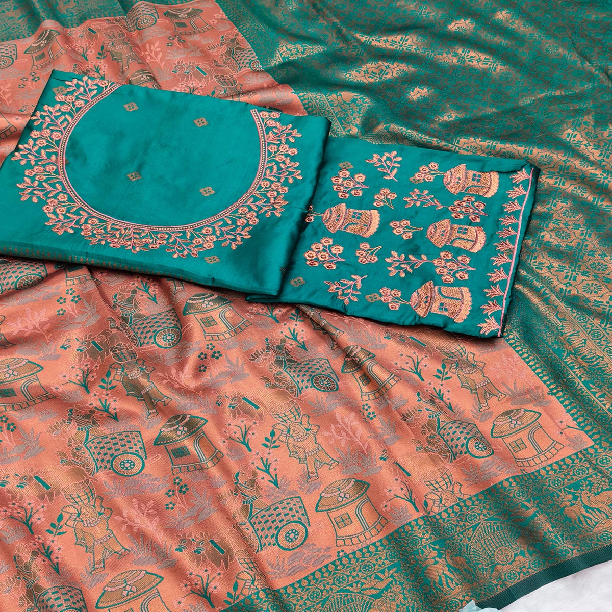 Peach & Teal Tissue Silk Saree Adorned with Intricate Zari Weaving for a Rich Festive Look