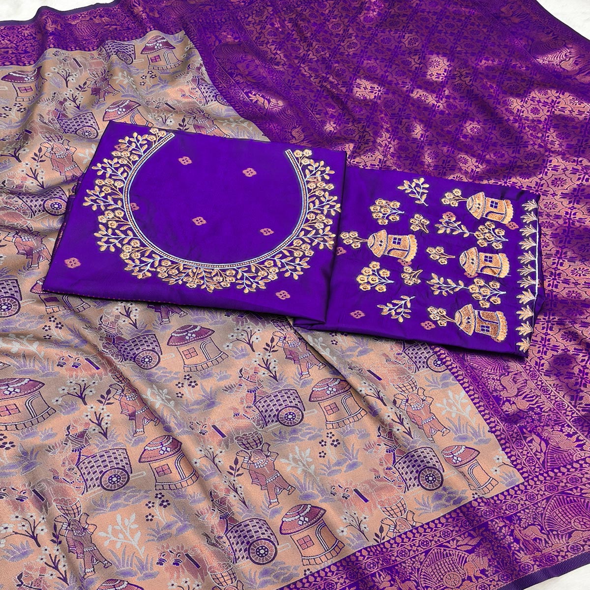 Beige & Violet Tissue Silk Saree Adorned with Intricate Zari Weaving for a Rich Festive Look