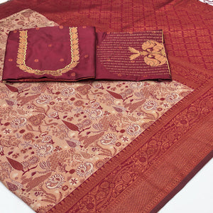 Beige & Maroon Handwoven Tissue Silk Saree Showcasing Refined Zari Patterns and Timeless Elegance