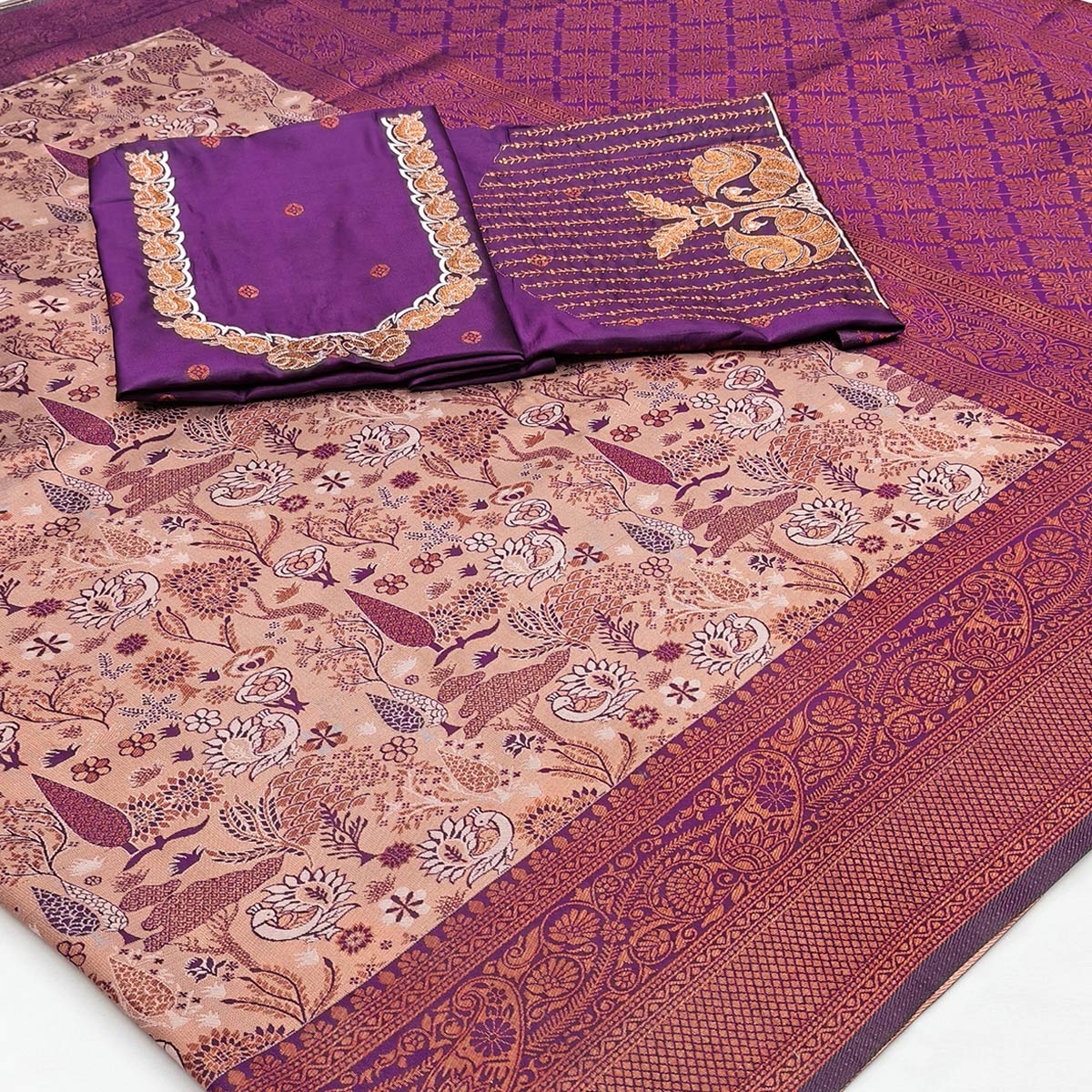 Beige & Purple Handwoven Tissue Silk Saree Showcasing Refined Zari Patterns and Timeless Elegance