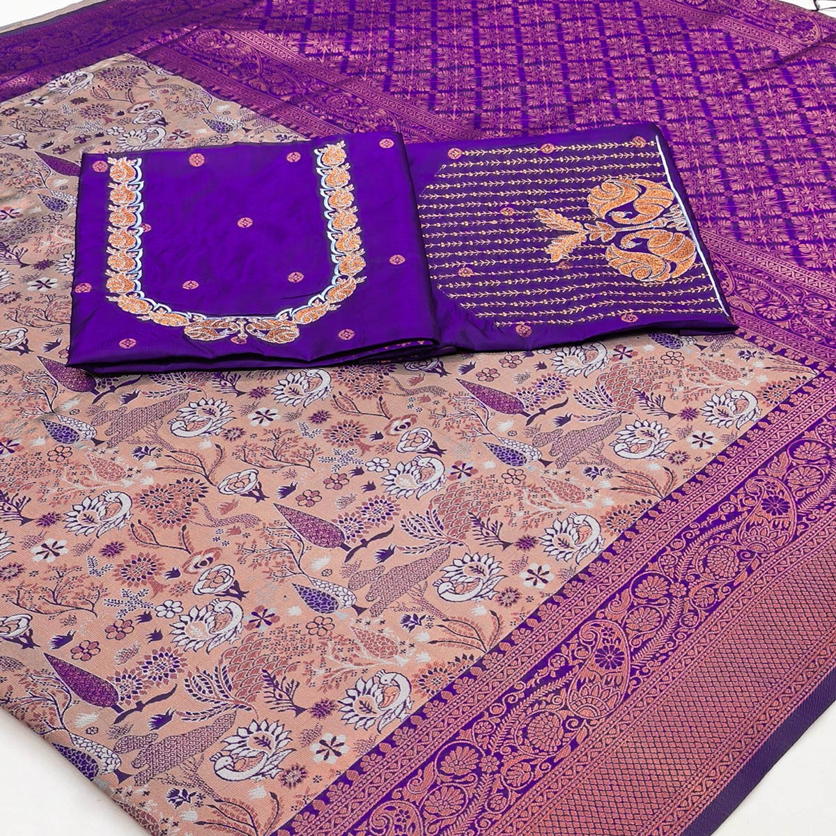 Beige & Violet Handwoven Tissue Silk Saree Showcasing Refined Zari Patterns and Timeless Elegance