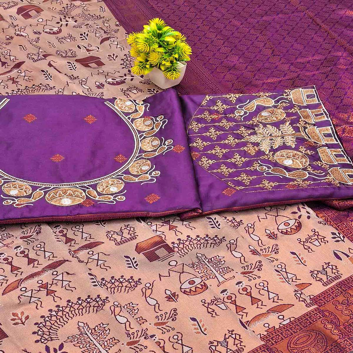Beige & Purple Tissue Silk Saree Highlighted with Zari Woven Motifs for Traditional Occasions