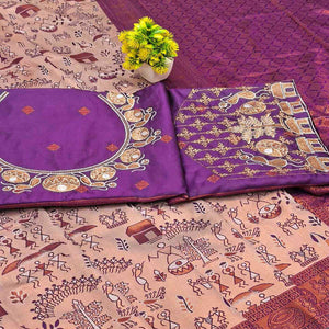 Beige & Purple Tissue Silk Saree Highlighted with Zari Woven Motifs for Traditional Occasions