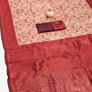 Beige & Maroon Classic Tissue Silk Saree Highlighted with Fine Zari Woven Motifs