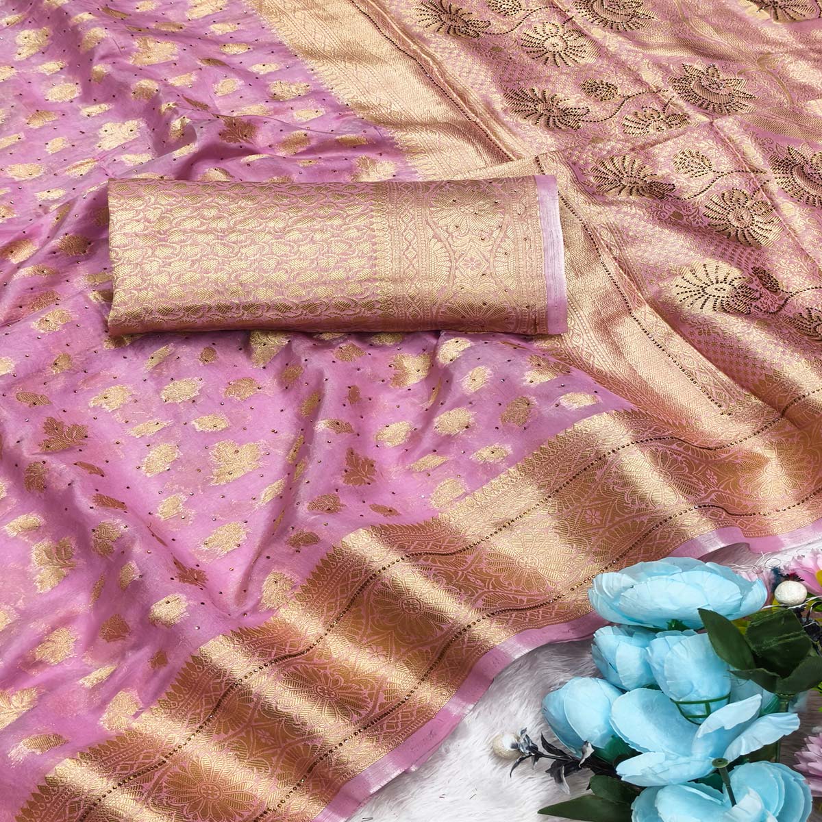 Radiant Onion Pink Tissue Banarasi Saree With Intricate Floral Zari Weaving & Stone Embellishment