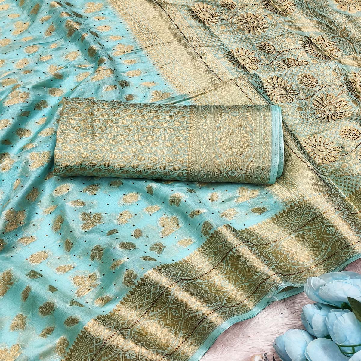 Radiant Turquoise Tissue Banarasi Saree With Intricate Floral Zari Weaving & Stone Embellishments