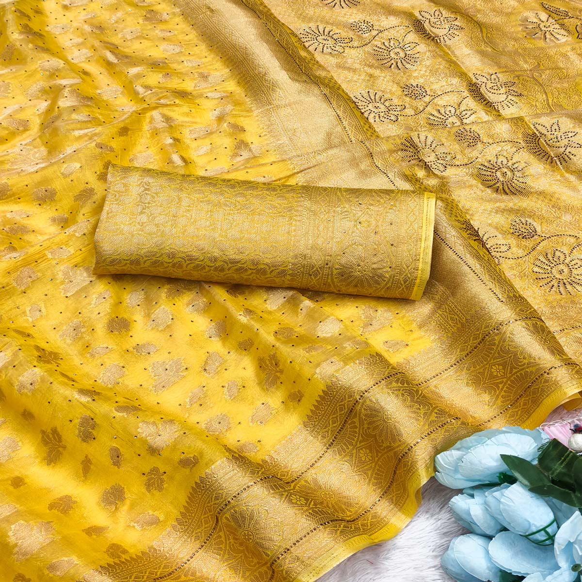 Radiant Yellow Tissue Banarasi Saree With Intricate Floral Zari Weaving & Stone Embellishments