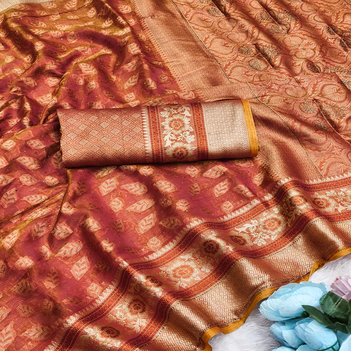 Brick Red Woven Banarasi Crunchy Silk Saree With Leaf & Floral Motifs Accented By Sparkling Stone