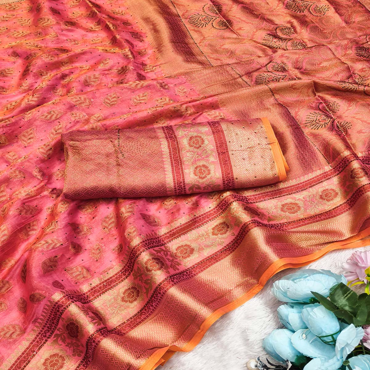 Pink Woven Banarasi Crunchy Silk Saree With Leaf & Floral Motifs Accented By Sparkling Stone