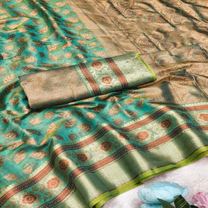 Turquoise Woven Banarasi Crunchy Silk Saree With Leaf & Floral Motifs Accented By Sparkling Stone