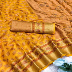 Yellow Woven Banarasi Crunchy Silk Saree With Leaf & Floral Motifs Accented By Sparkling Stone