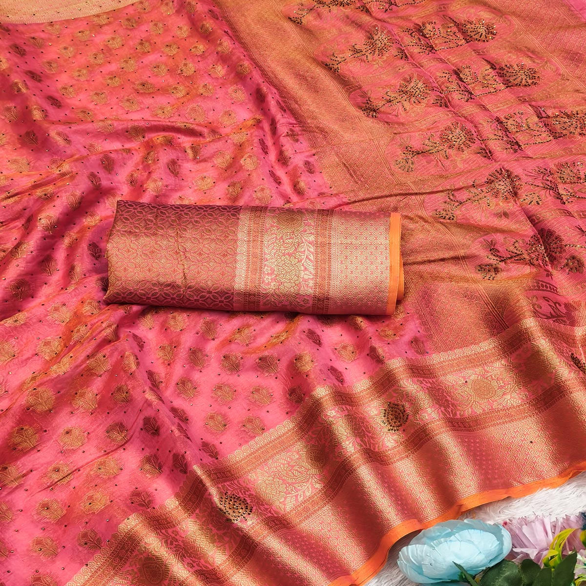 Stunning Pink Floral Weaving Banarasi Crushy Silk Saree With Stone Work & Tassel Pallu